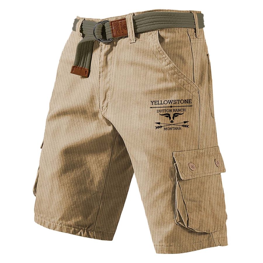 

Men's Cargo Shorts Outdoor Vintage Yellowstone Print Corduroy Multi Pocket Shorts