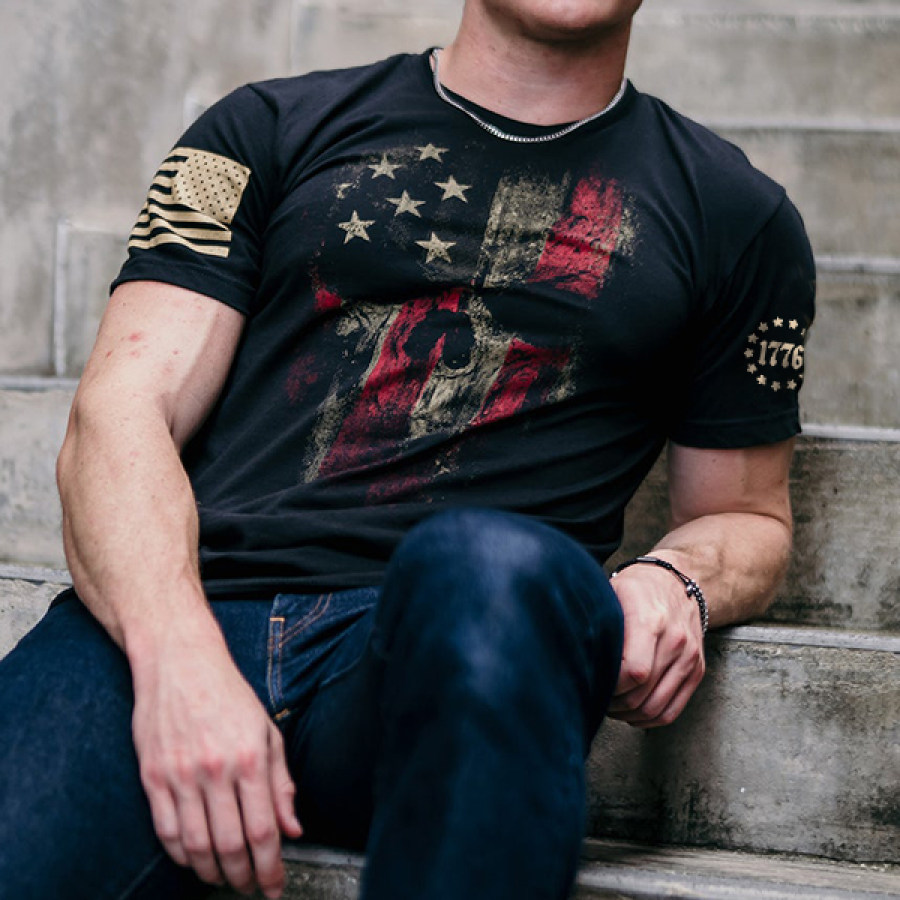 

Men's T-Shirt Vintage American Flag 1776 Independence Day Skull Round Neck Short Sleeve Casual Cotton T-Shirt