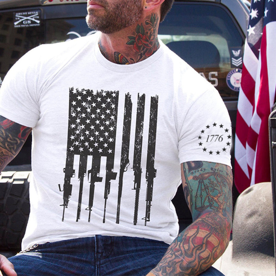 

Men's Cotton T-Shirt Vintage American Flag 1776 Independence Day Round Neck Short Sleeve Casual T-Shirt