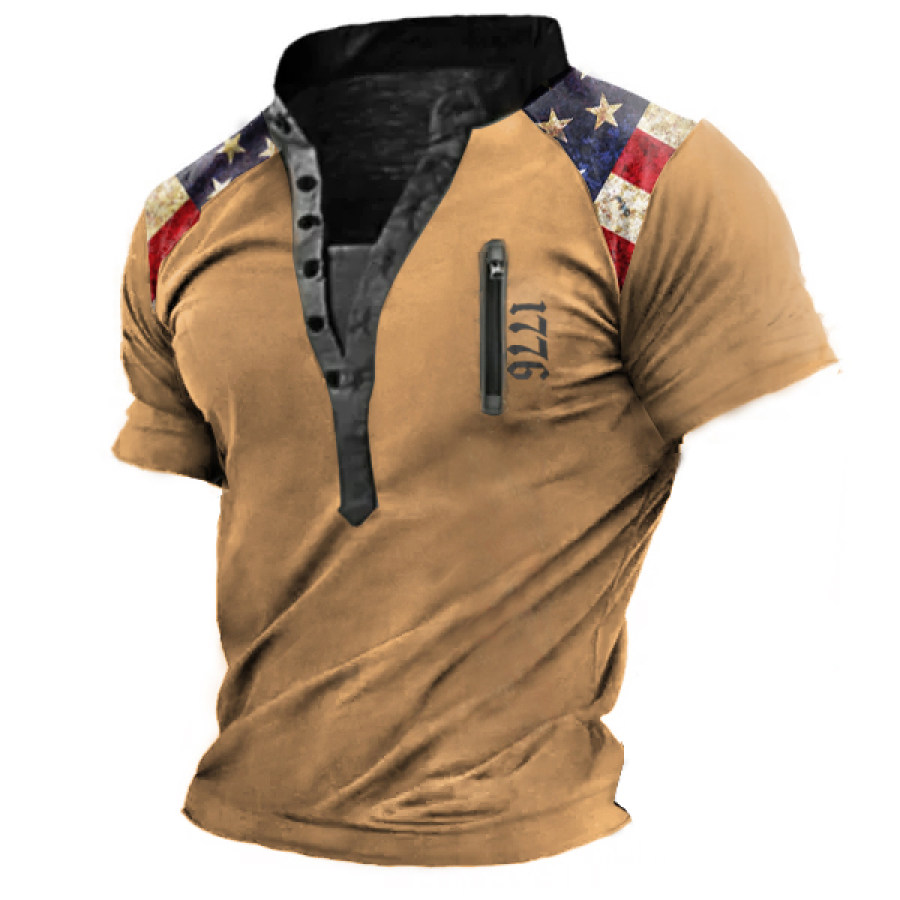 

Men's Henley Vintage Shirt Outdoor Vintage Tactical American Flag 1766 Independence Day Print Tee