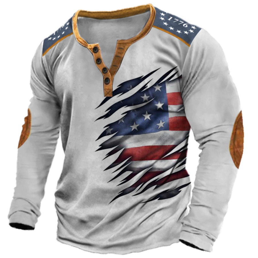 

Camiseta Masculina Henry Vintage 1776 Dia Da Independência Bandeira Americana Color Block Print Manga Comprida Camiseta Casual Diária