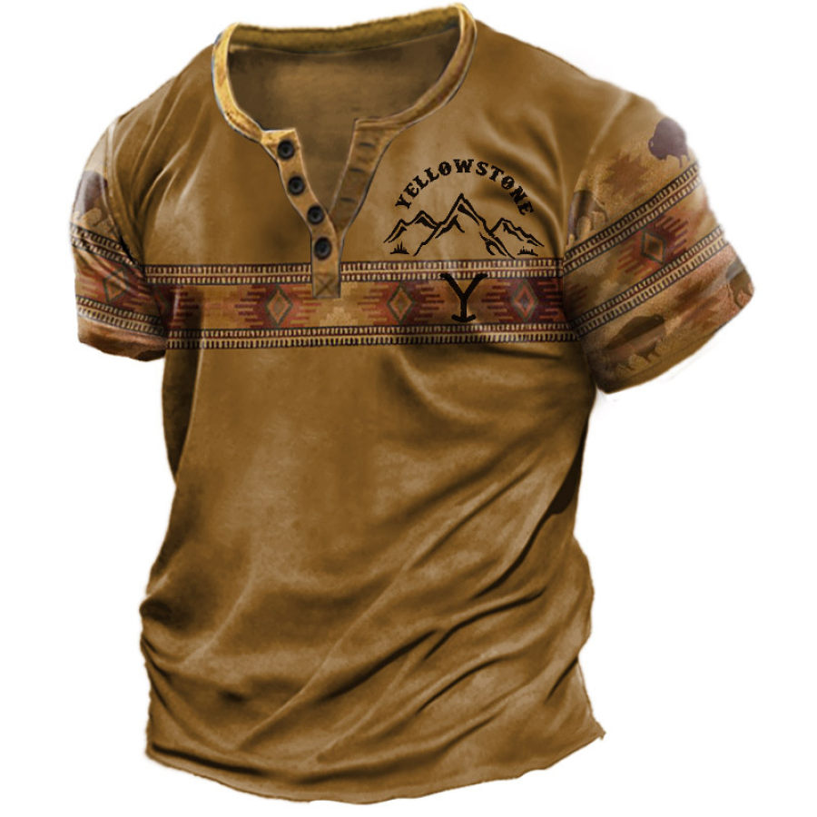 

Мужская футболка Генри Винтаж Йеллоустоун Этнический принт с коротким рукавом Повседневная футболка цвета хаки