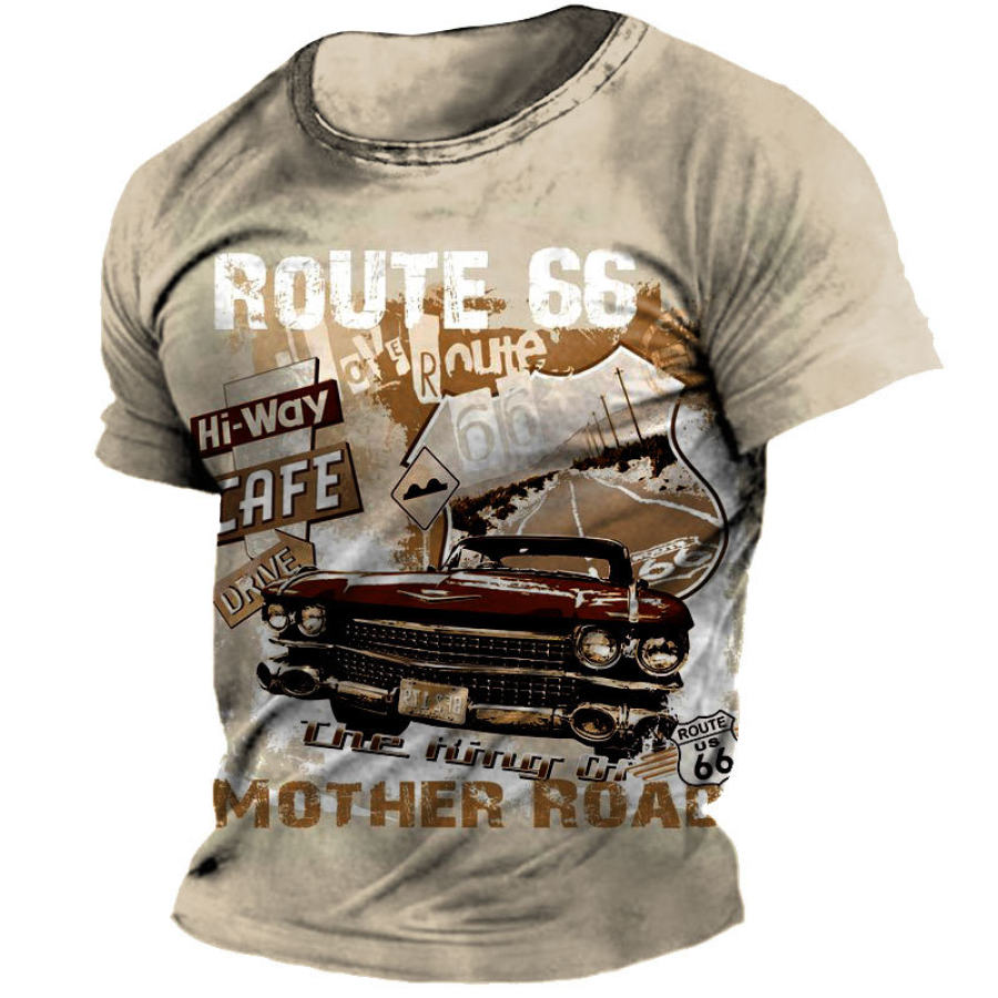 

Camiseta Masculina Gola Redonda Retrô Route 66 Com Estampa De Carro Manga Curta Camiseta Casual Diária