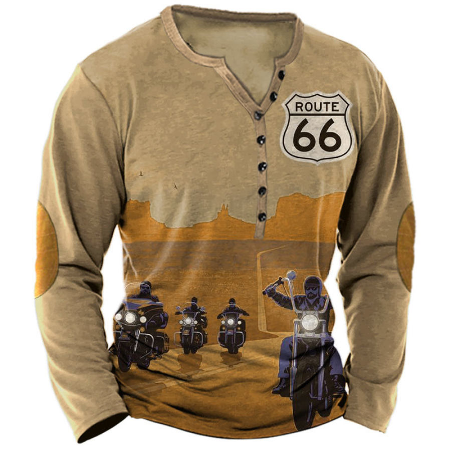 

T-shirt Da Uomo Henley Vintage Motorcycle Route 66 Stampa Manica Lunga Casual Quotidiana