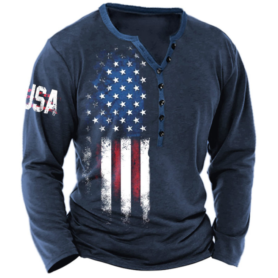 

Camiseta Masculina Henley Vintage Bandeira Americana Com Estampa Gráfica Manga Longa Para O Dia A Dia Casual Azul