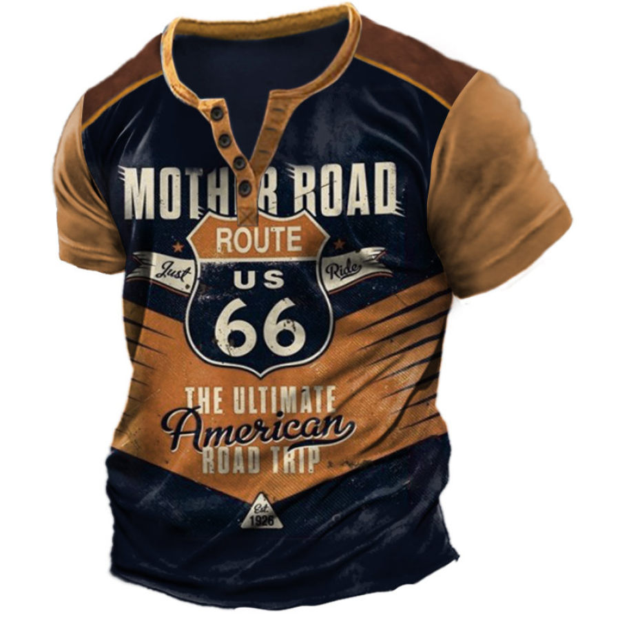 

Camiseta Masculina Henry Retrô Route 66 Estampa Colorblock Gráfica Manga Curta Camiseta Casual Para O Dia A Dia