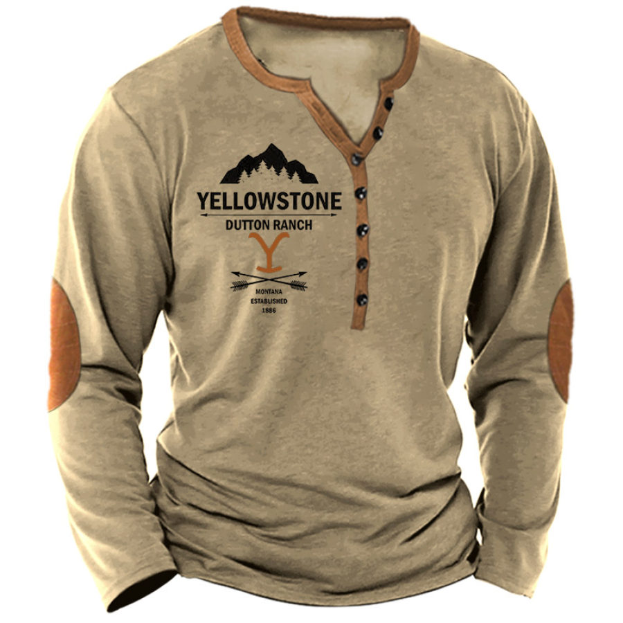 

Men's Henley T-Shirt Vintage Yellowstone Print Graphic Long Sleeve Everyday Casual Khaki