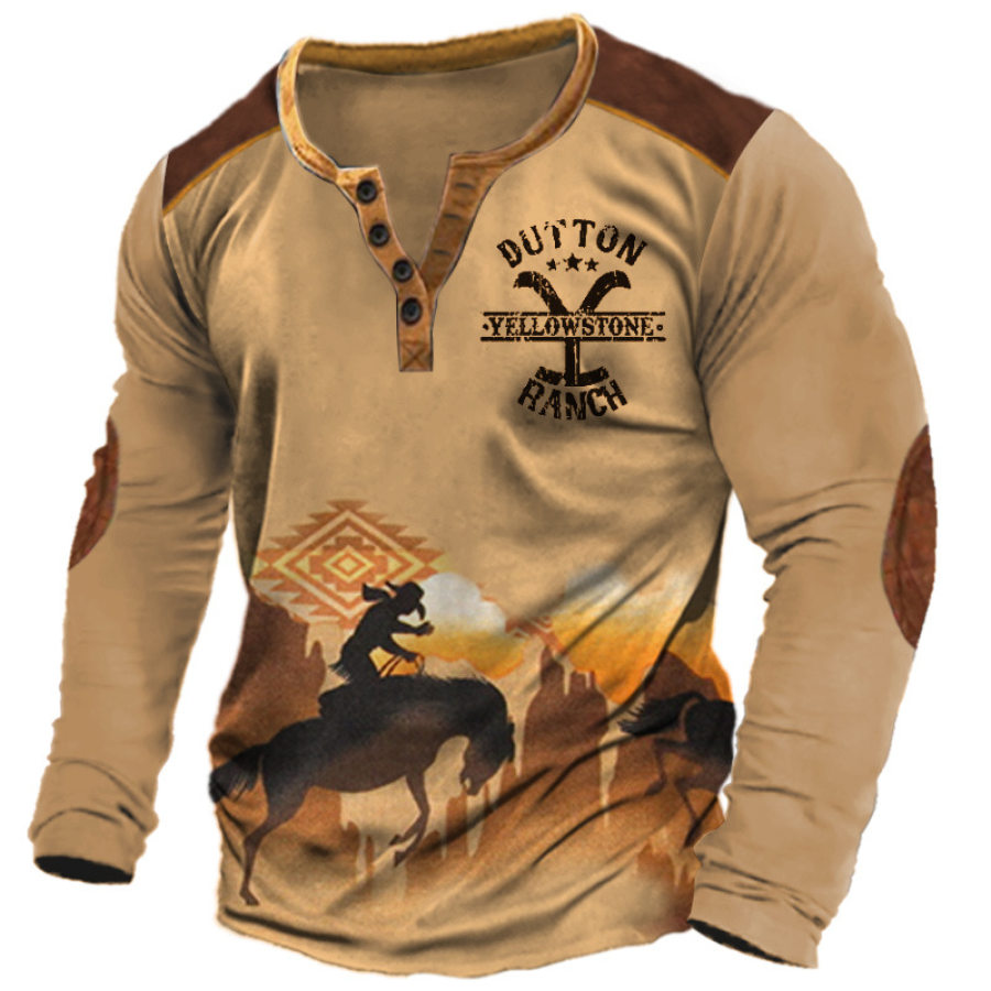 

Camiseta De Henry Para Hombre Camiseta Informal De Manga Larga Con Estampado De Bloque De Color De Vaquero Occidental De Yellowstone Vintage