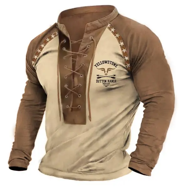 Men's T-Shirt Vintage Western Yellowstone Lace-Up Stand Collar Long Sleeve Color Block Summer Daily Tops Khaki - Cotosen.com