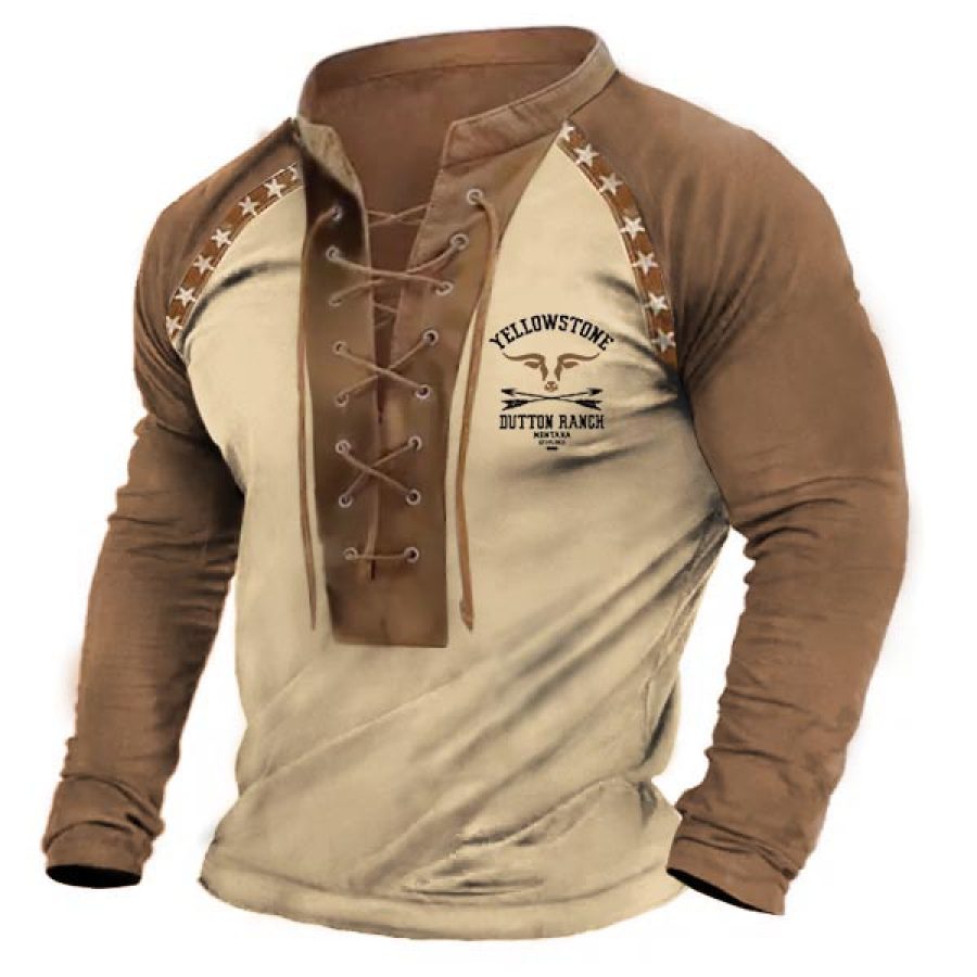 

Camiseta Masculina Vintage Western Yellowstone Com Cadarço Gola Alta Manga Curta Color Block Tops Diários De Verão Cáqui