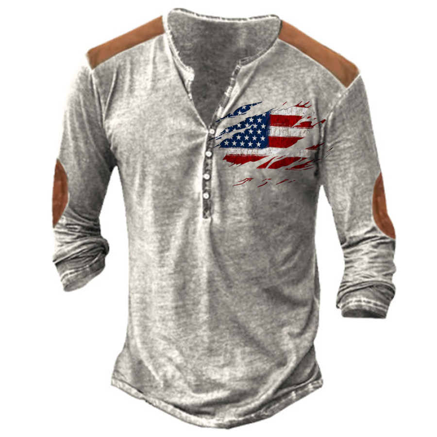

T-shirt A Maniche Lunghe Con Colletto Henley Con Stampa Bandiera Americana Vintage Da Uomo Top Casual A Blocchi Di Colore
