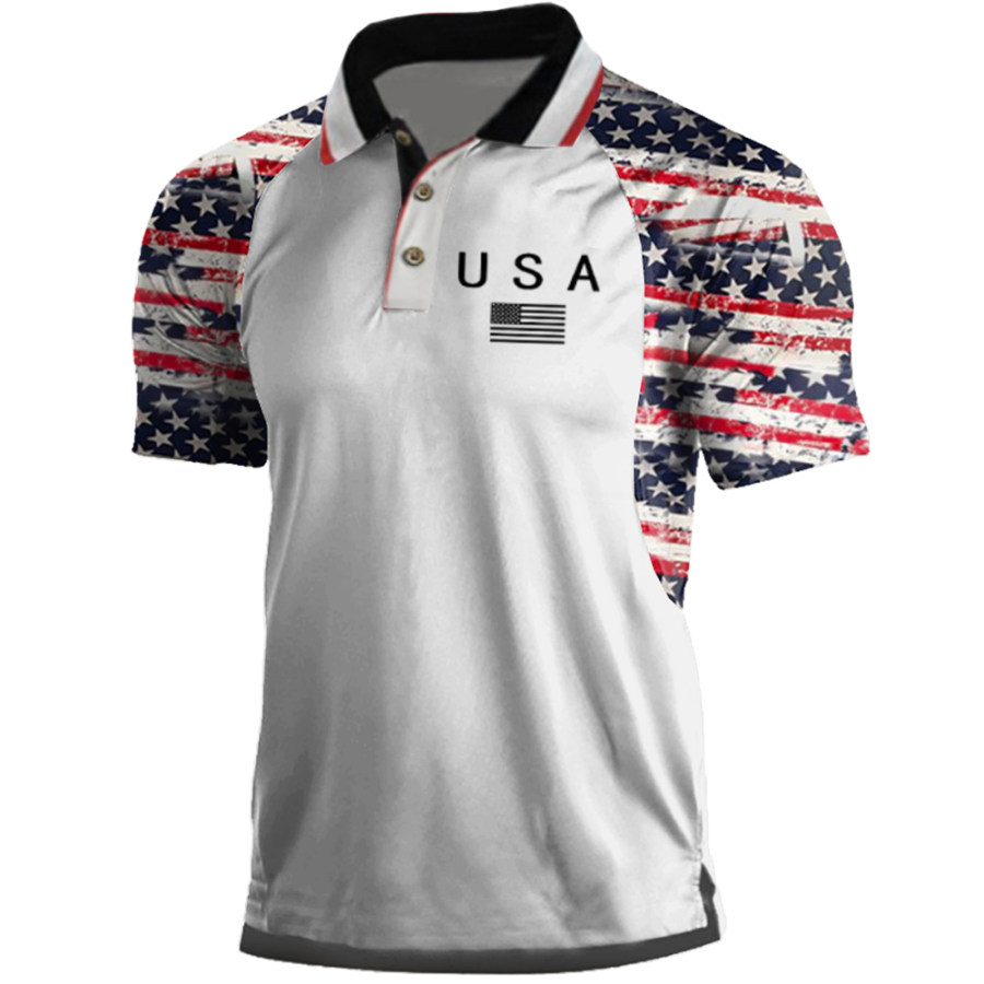 

Men's Vintage American Flag Print T-Shirt Colorblock Polo Neck T-Shirt
