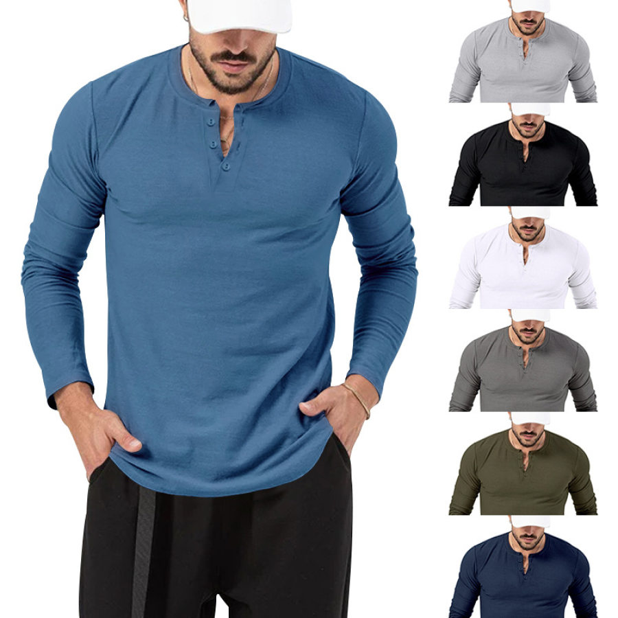 

Camiseta Henley Estampada De Manga Larga Para Deportes Al Aire Libre De Color Sólido Para Hombre