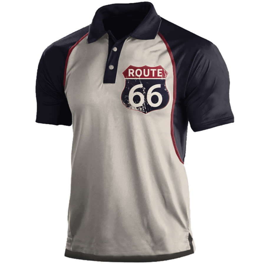 

Men's Vintage American Route 66 Print T-Shirt Color Block Polo Neck T-Shirt