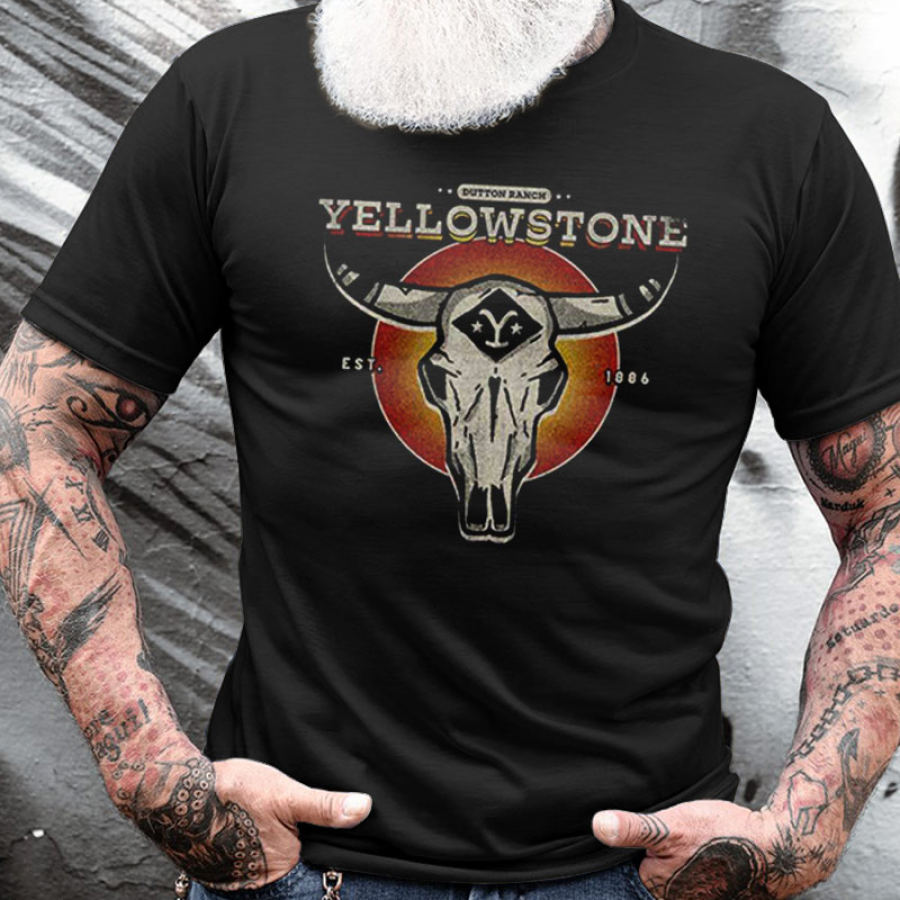 

T-shirt Da Uomo In Cotone Girocollo Manica Corta Stampa Western Yellowstone Casual Per Tutti I Giorni