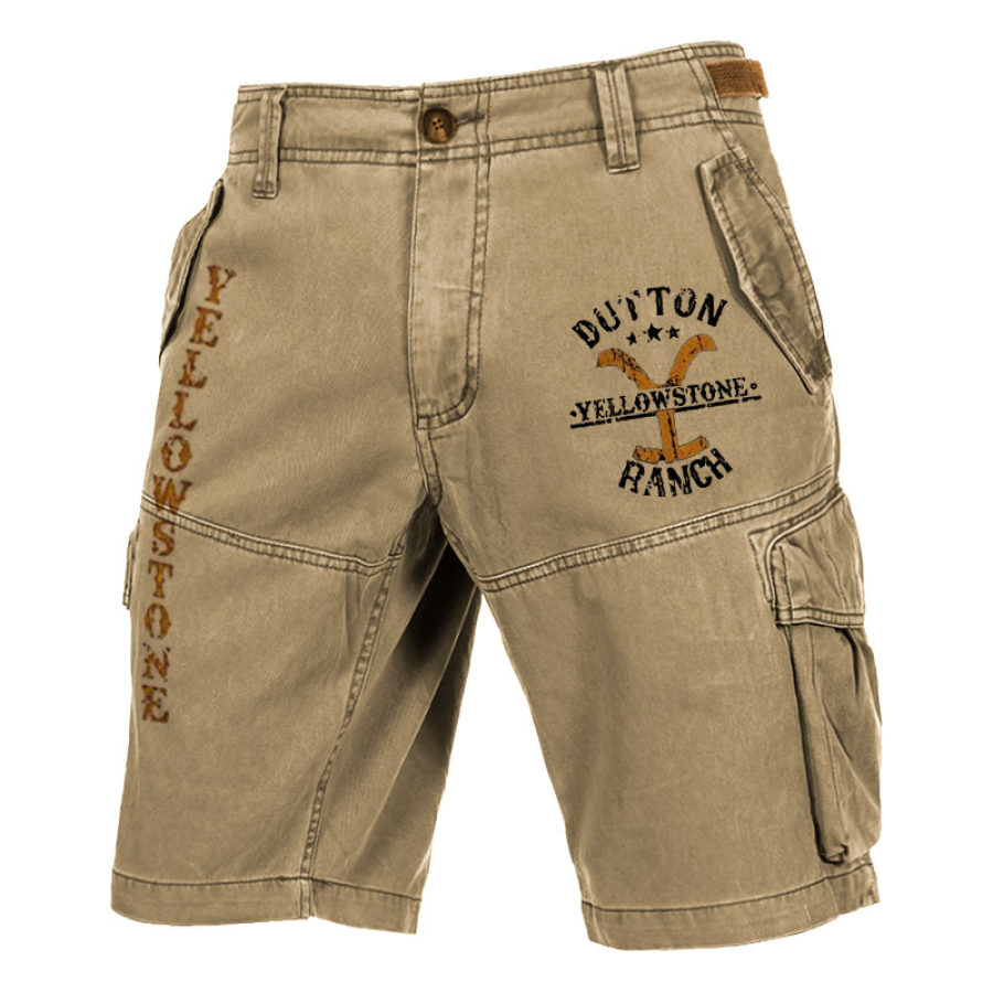 

Men's Shorts Vintage Yellowstone Print Graphic Multi Pocket Cargo Shorts Khaki