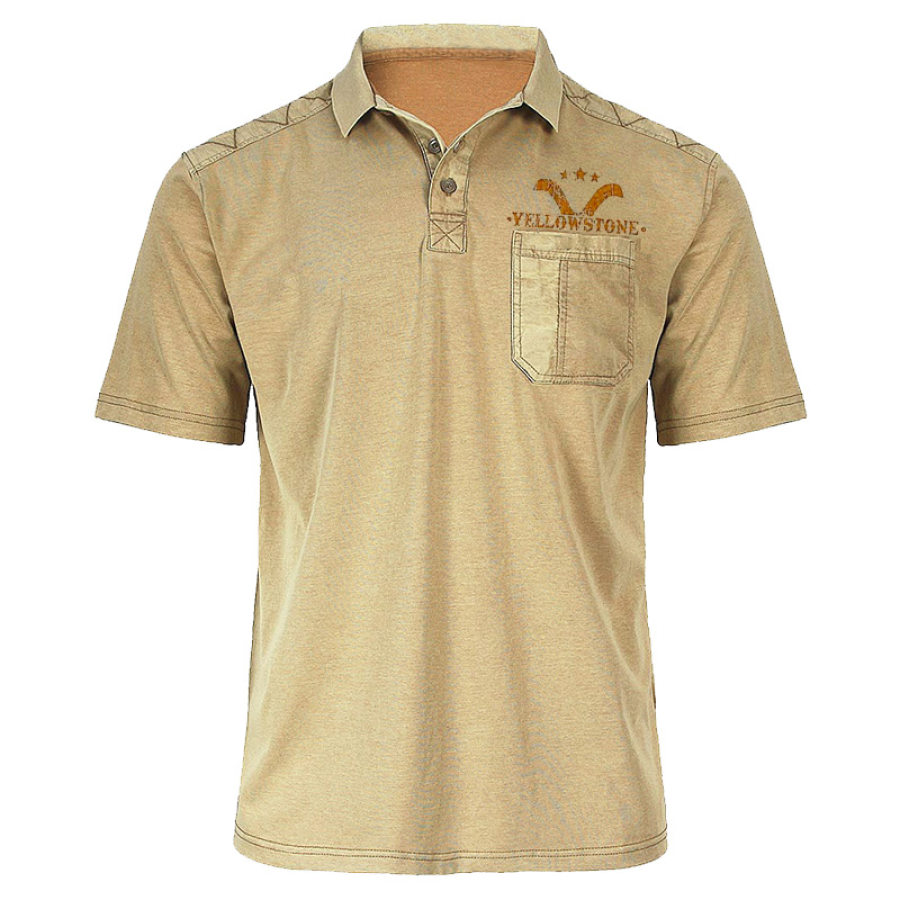 

Men's Short Sleeve Vintage Yellowstone Print Pocket Daily Casual Polo Shirt Khaki