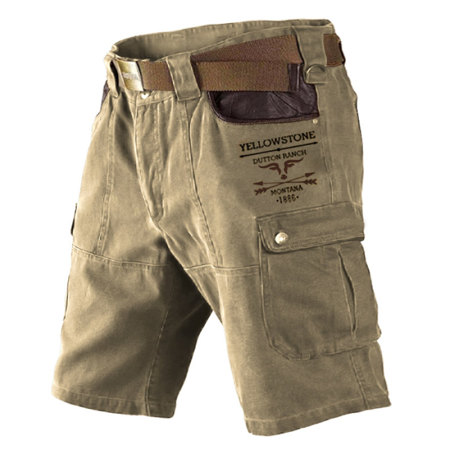 

Men's Shorts Vintage Yellowstone Print Pattern Pocket Leather Panel Cargo Shorts Khaki