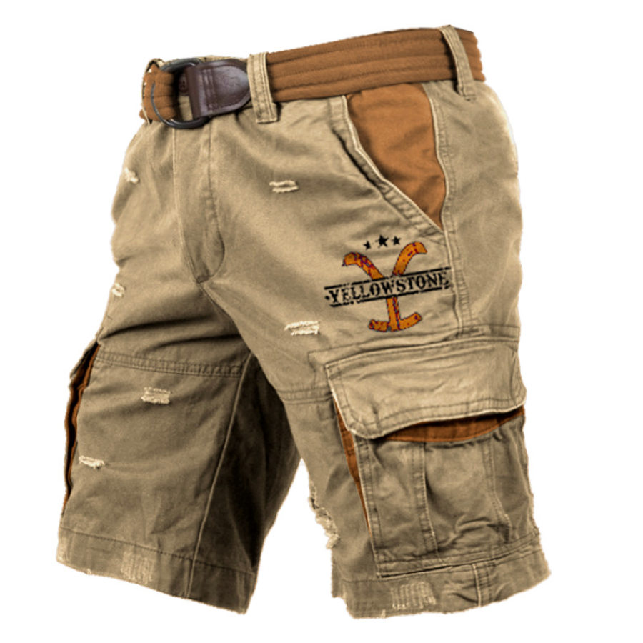 

Men's Shorts Vintage Yellowstone Print Pattern Ripped Pocket Colorblock Cargo Shorts Khaki