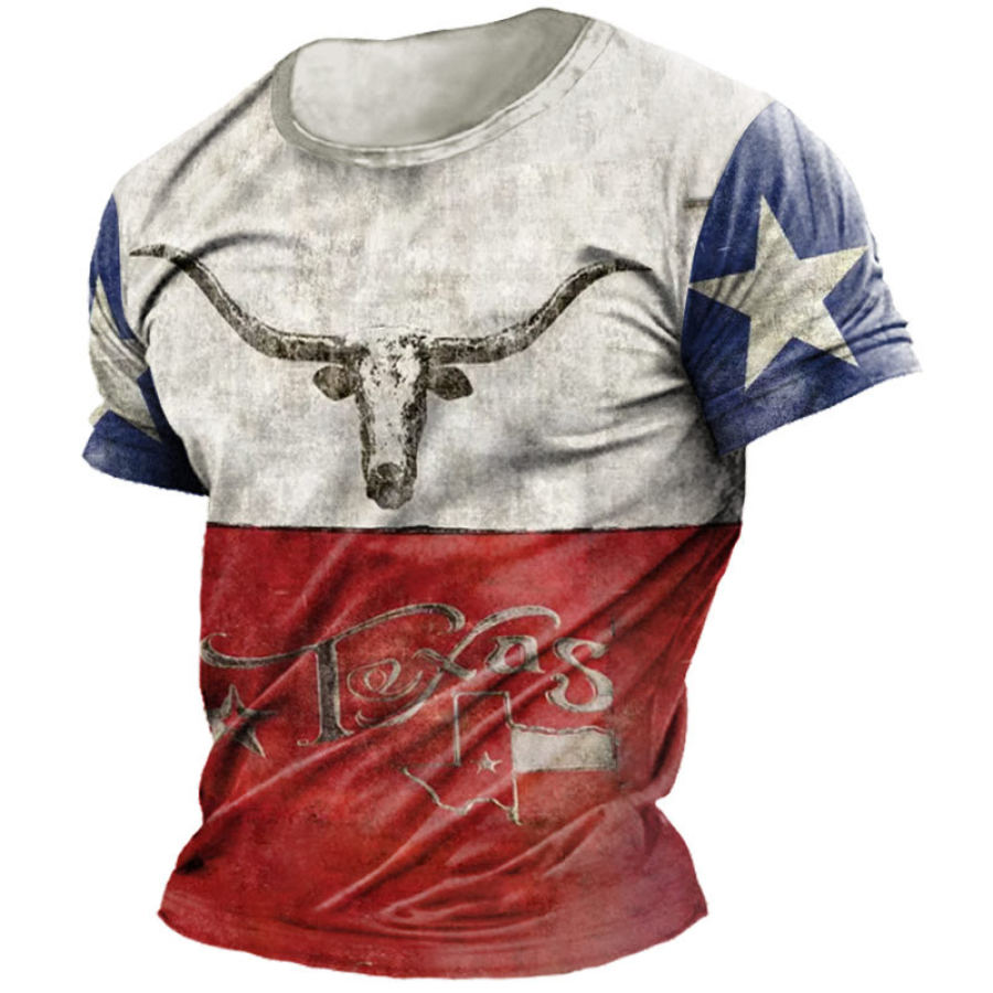 

Camiseta De Cuello Redondo Para Hombre Retro Western Cowboy Bullhead Patrón De Impresión En Color Camiseta De Manga Corta Diaria Informal