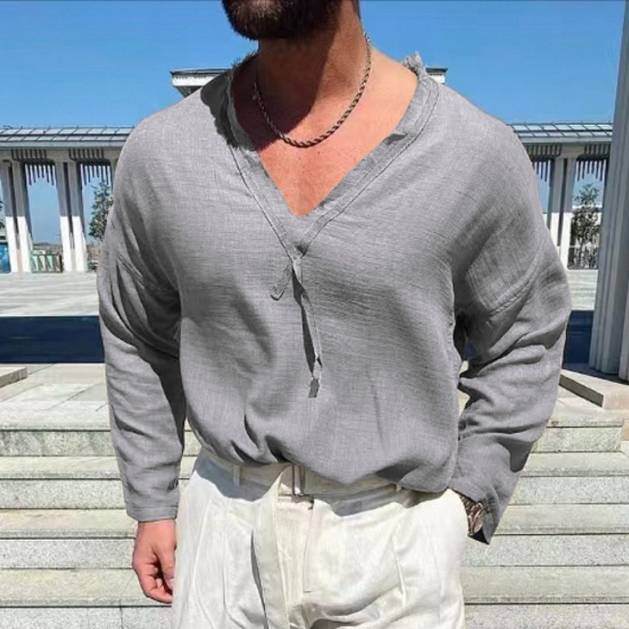 

Camiseta De Manga Larga Con Cuello En V De Algodón Y Lino Para Hombre Camiseta Informal Suelta De Color Sólido
