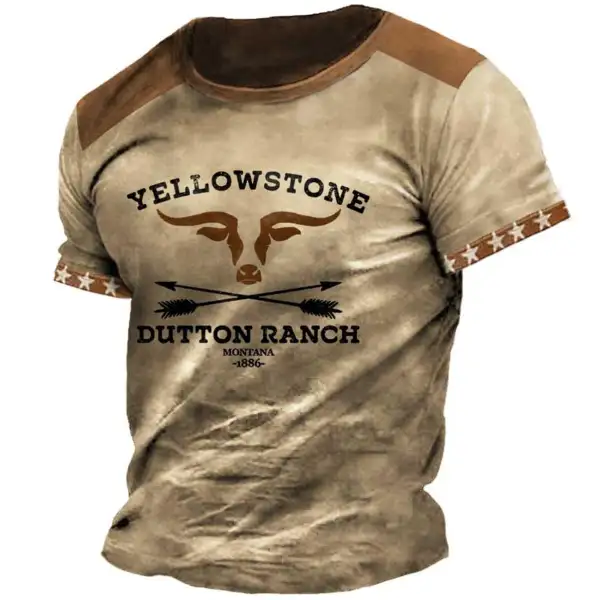 Men's T-Shirt Plus Size Short Sleeve Vintage Yellowstone Star Colorblock Summer Daily Tops Khaki - Kalesafe.com 