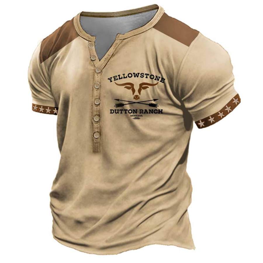 

Men's T-Shirt Henley Vintage Western Yellowstone Stars Colorblock Plus Size Summer Daily Tops Khaki