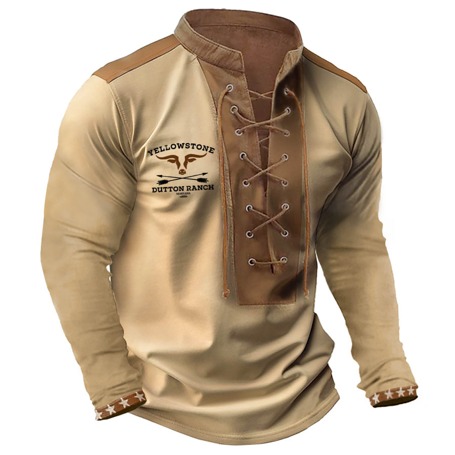 

Men's T-Shirt Long Sleeve Lace-Up Stand Collar Vintage Yellowstone Colorblock Outdoor Daily Tops Khaki