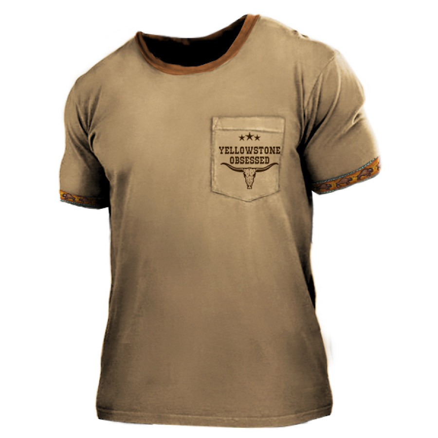 

Men's Cotton T-Shirt Western National Style Yellowstone Outdoor Pocket Tactical Casual Crew Neck Short Sleeve Top