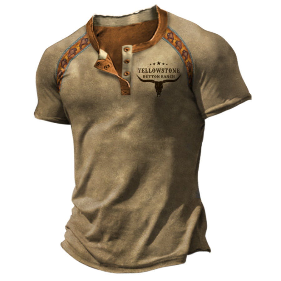 

Men's Henry T-Shirt Vintage Yellowstone Print Western Cowboy Colorblock Short Sleeve Daily Casual Tee Khaki
