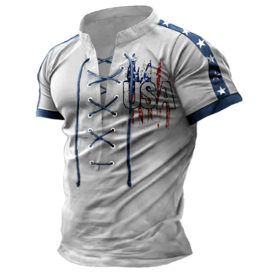 

Men's Tie-up Stand Collar T-shirt Retro USA American Flag Print Pattern Color Matching Short Sleeve Daily Casual Tee