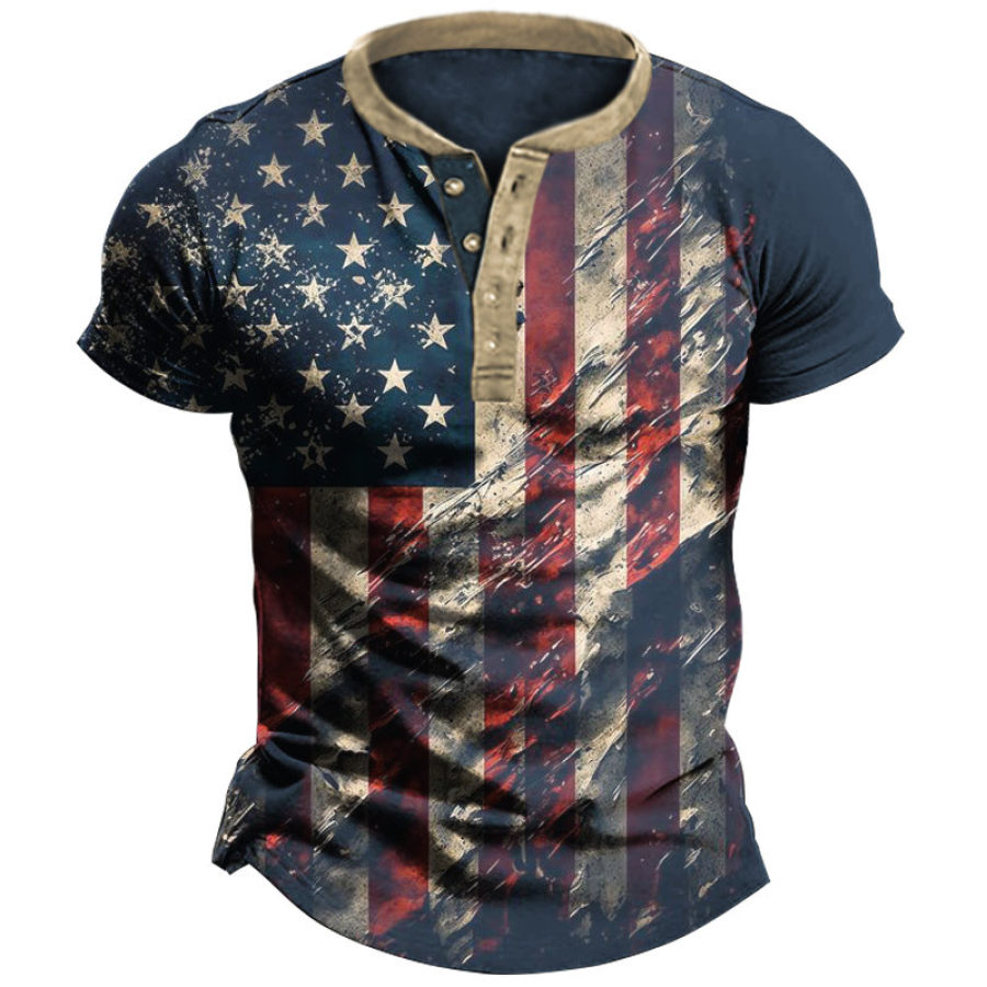 

Men's Henley T-Shirt Vintage American Flag Print Graphic Short Sleeve Everyday Casual Tee Blue