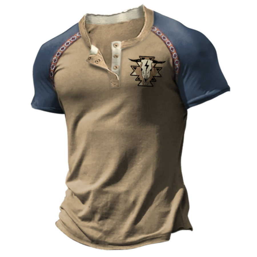 

Men's Henley T-Shirt Vintage Ethnic Western Cowboy Print Graphic Colorblock Short Sleeve Everyday Casual Tee Khaki