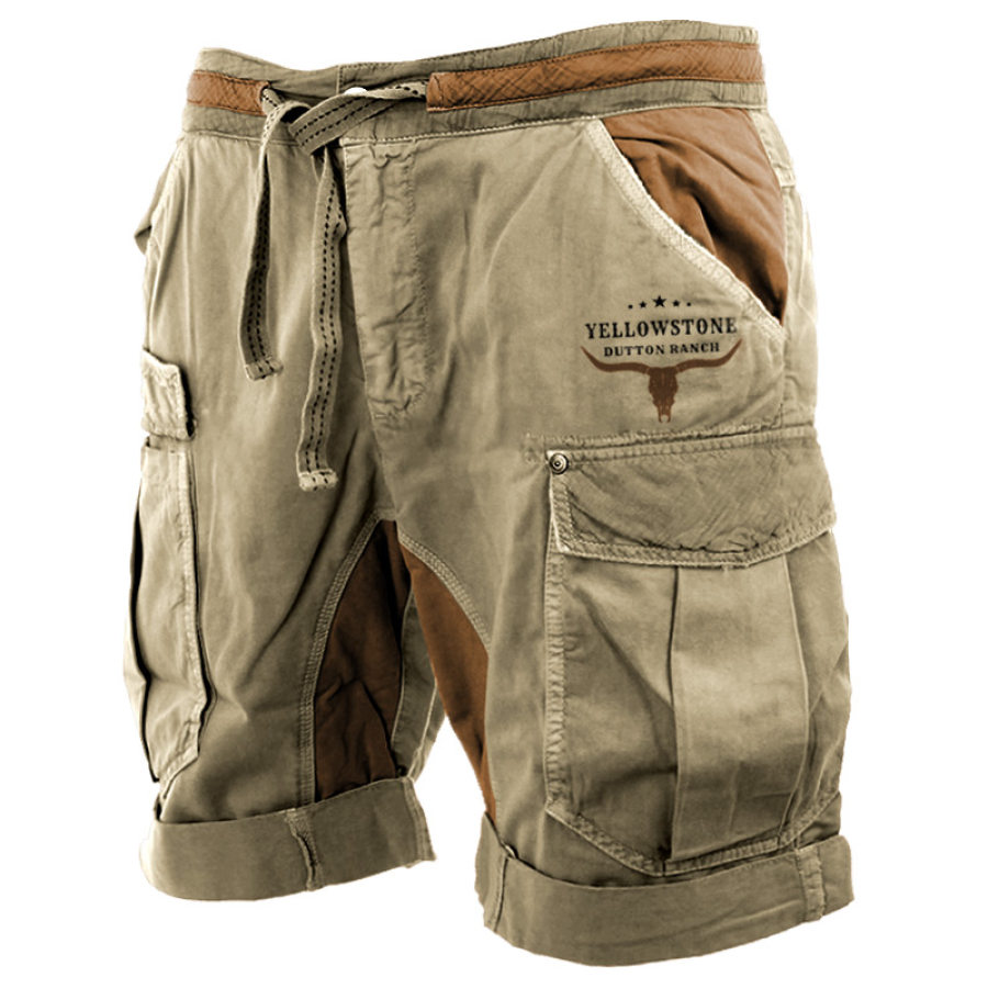 

Men's Shorts Vintage Yellowstone Print Pattern Pocket Lace Up Colorblock Cargo Shorts Khaki