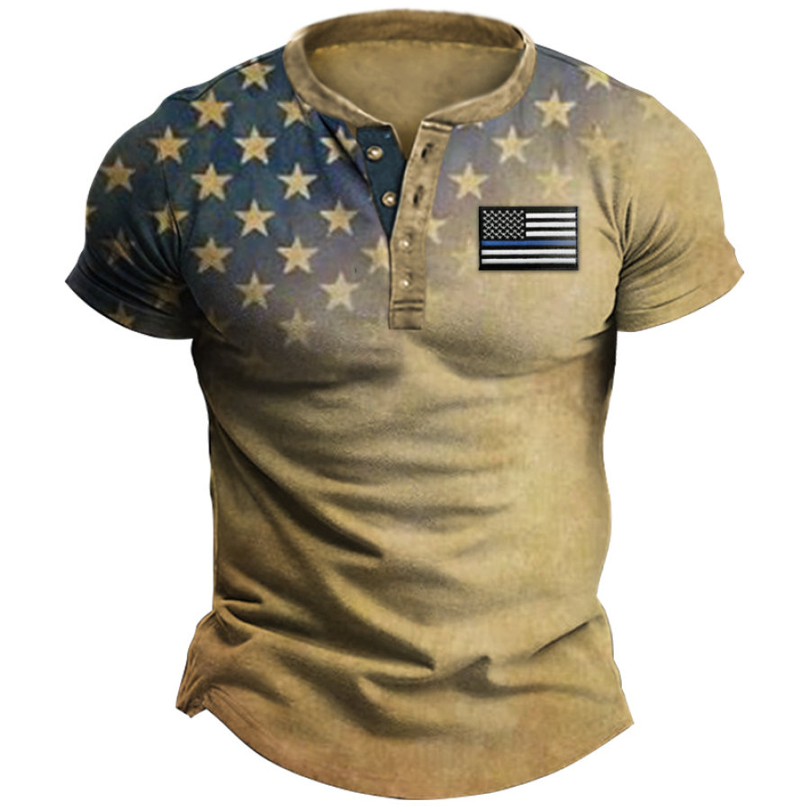 

Men's Henley T-Shirt Vintage American Flag Embroidered Graphic Short Sleeve Everyday Casual Tee Khaki