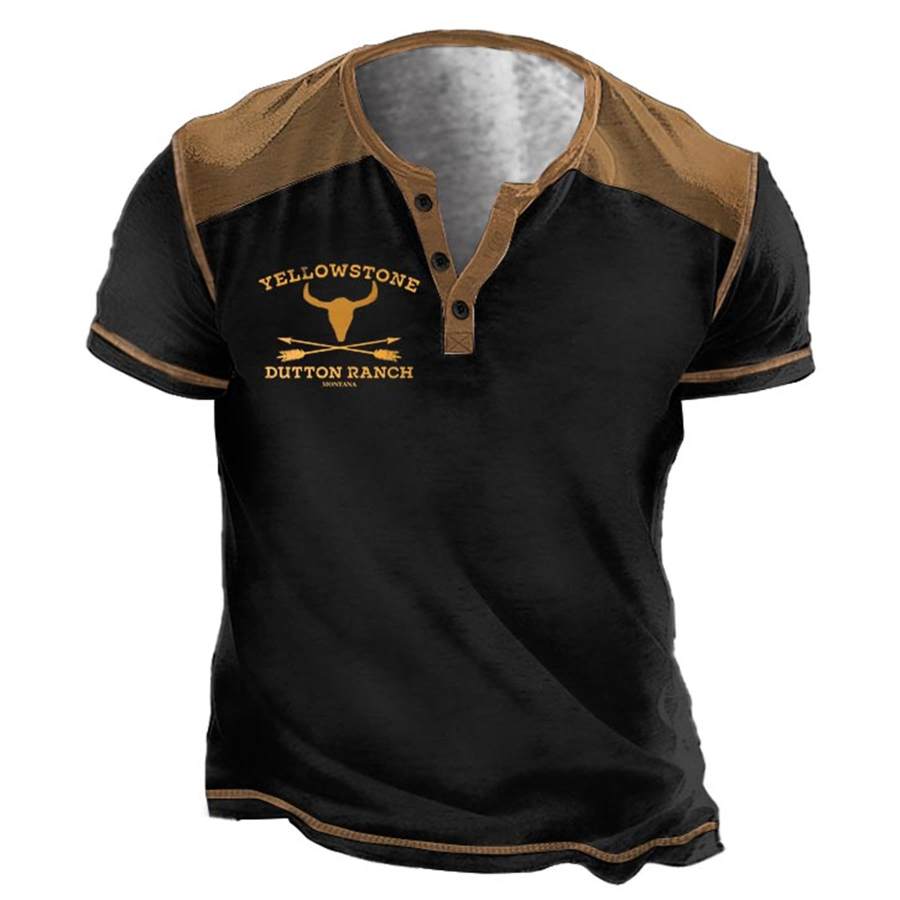 

Men's T-Shirt Vintage Yellowstone Henley Colorblock Short Sleeve Summer Daily Tops Black