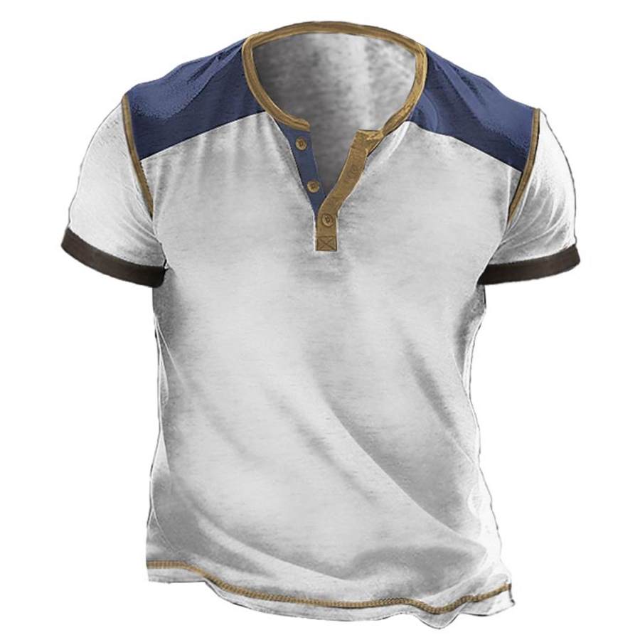 

Men's T-Shirt Vintage Tactical Henley Colorblock Short Sleeve Summer Daily Tops White
