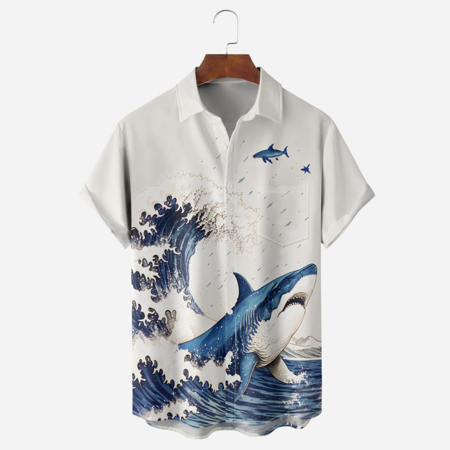

Men's Shirt Plus Size Short Sleeve Hawaii Beach Shark Summer Daily Tops White
