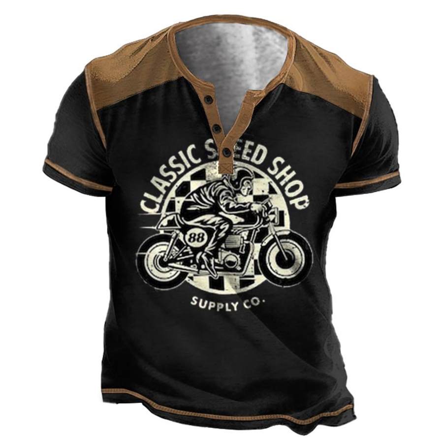 

Men's T-Shirt Vintage Motorcycle Henley Colorblock Short Sleeve Summer Daily Tops Black