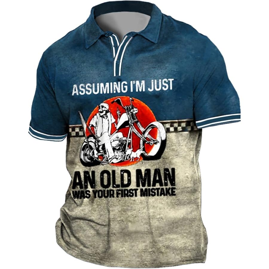 

Men's T-Shirt Polo Button Vintage Old Man Motorcycle Outdoor Short Sleeve Colorblock Summer Daily Tops Blue