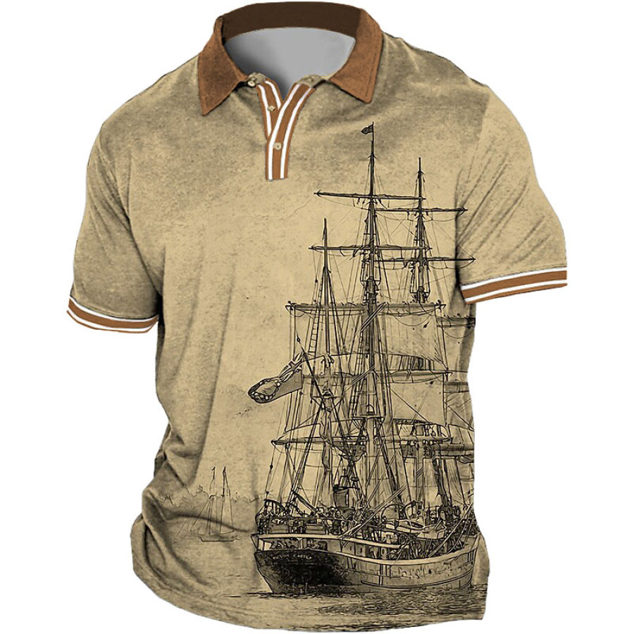 

Men's T-Shirt Polo Buttons Vintage Nautical Sailing Outdoor Short Sleeve Color Contrast Summer Daily Tops Khaki