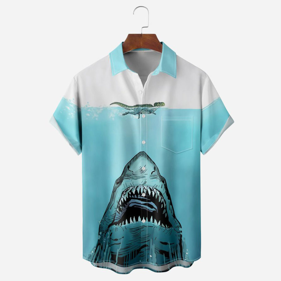 

Camisa Masculina Plus Size Manga Curta Hawaii Beach Shark Tops Diários De Verão Azul Claro