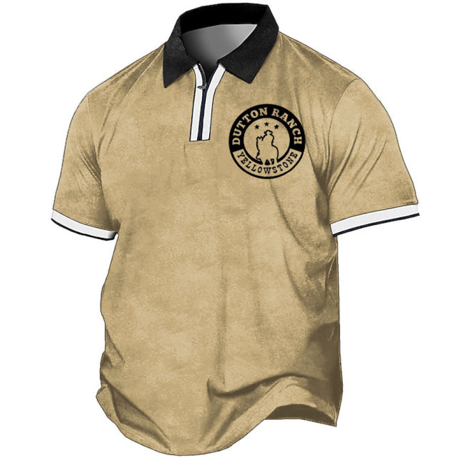 

Men's T-Shirt Zip Polo Vintage Yellowstone Dutton Ranch Outdoor Short Sleeve Summer Daily Tops Khaki
