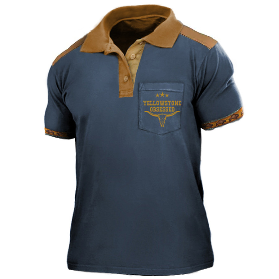

Men's Polo Shirt Retro Western National Style Yellowstone Print Pattern Short Sleeved Color Matching Tee