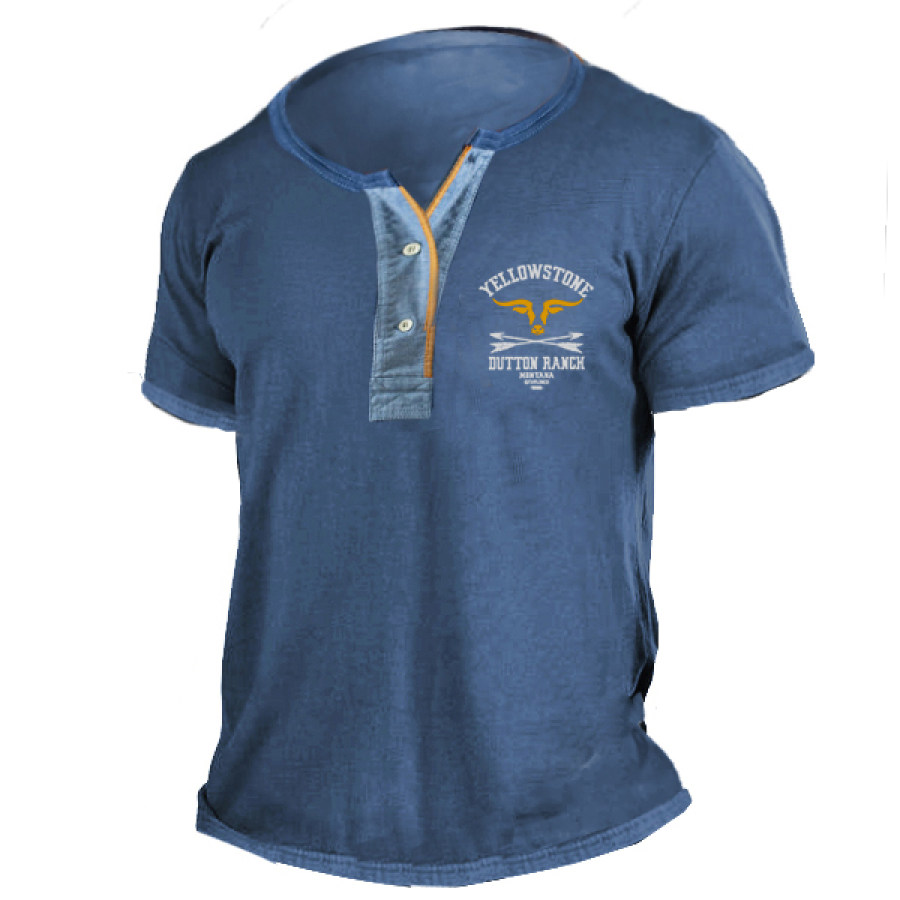 

Men's Henley Collar T-Shirt Retro Yellowstone Print Contrast Color Short Sleeve Casual Loose Tee