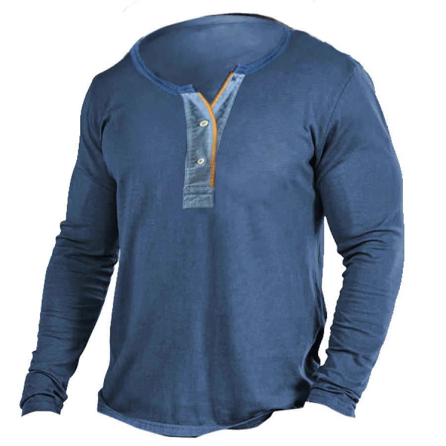 

Men's Henley T-Shirt Vintage Contrast Color Casual Long Sleeve Tactical Tops
