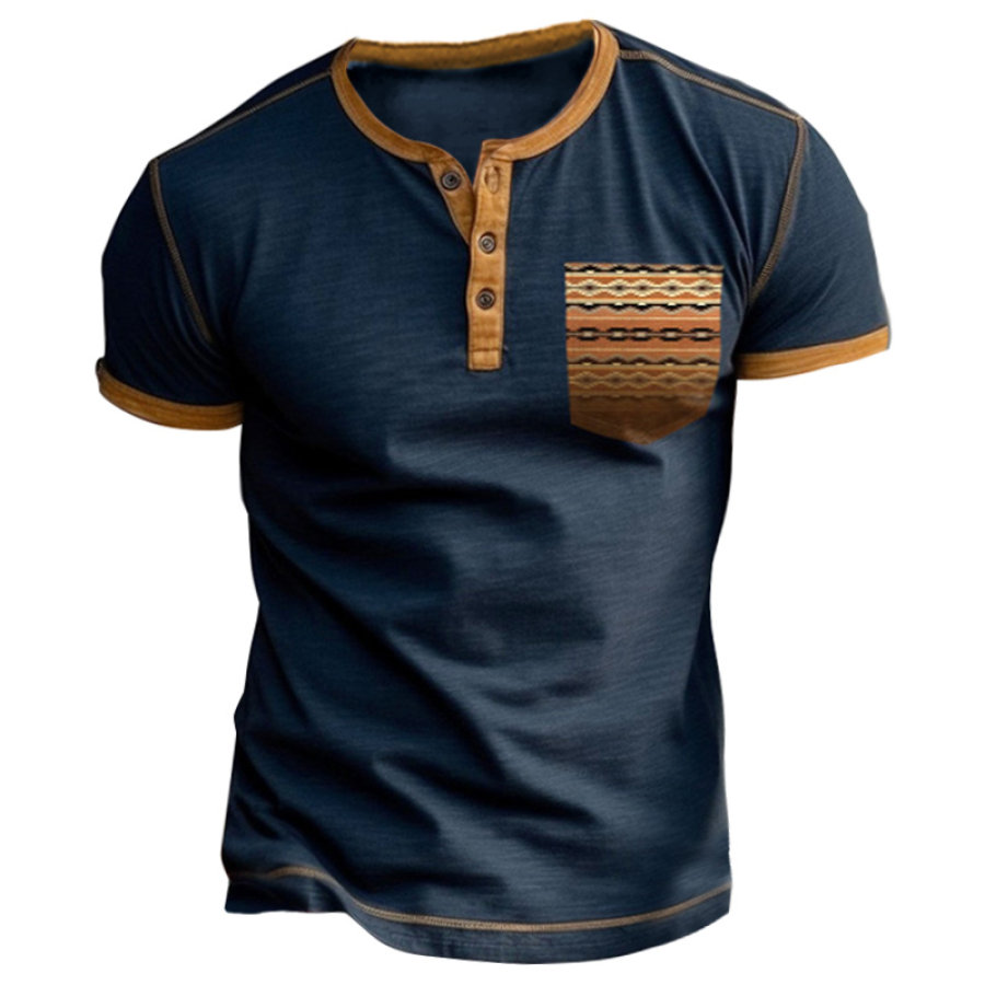 

Men's Henry T-shirt Retro Ethnic Style Pocket Print Color Matching Short Sleeve Daily Casual Tee Blue