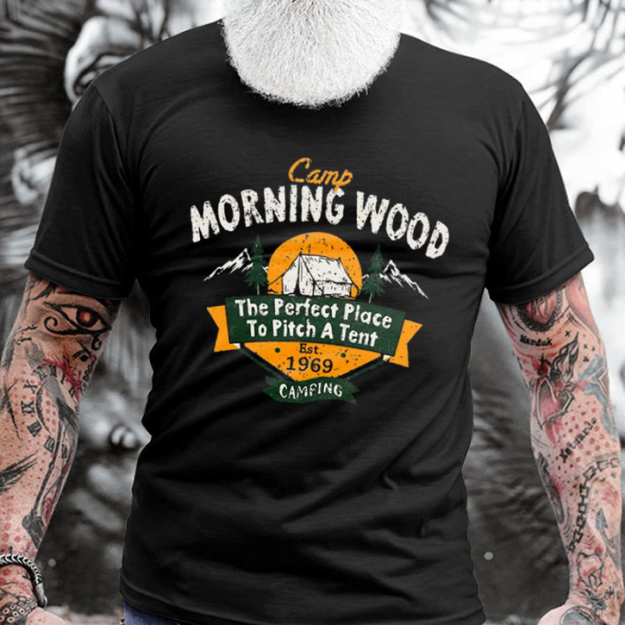 

Men's Cotton T-Shirt Crew Neck Short Sleeve Camp Morning Wood Camping The Perfect Place To Pitch