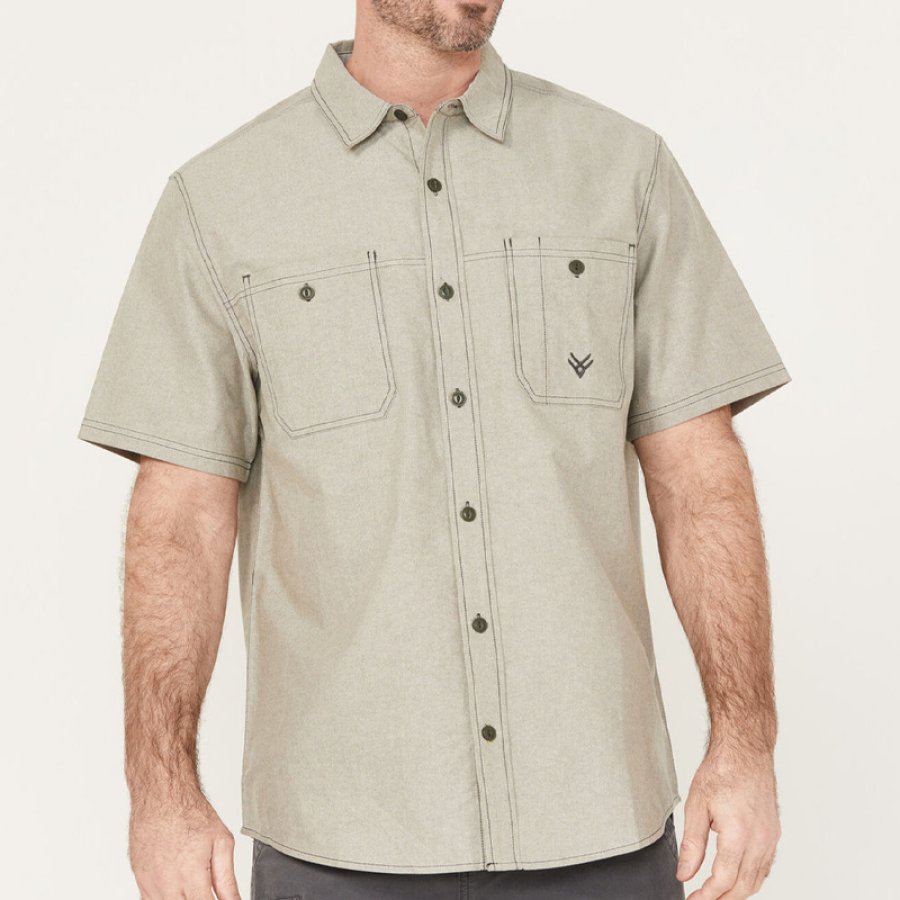 

Men's Vintage Western Denim Multi-Pocket Shirt Short Sleeve Button Down Work Shirt
