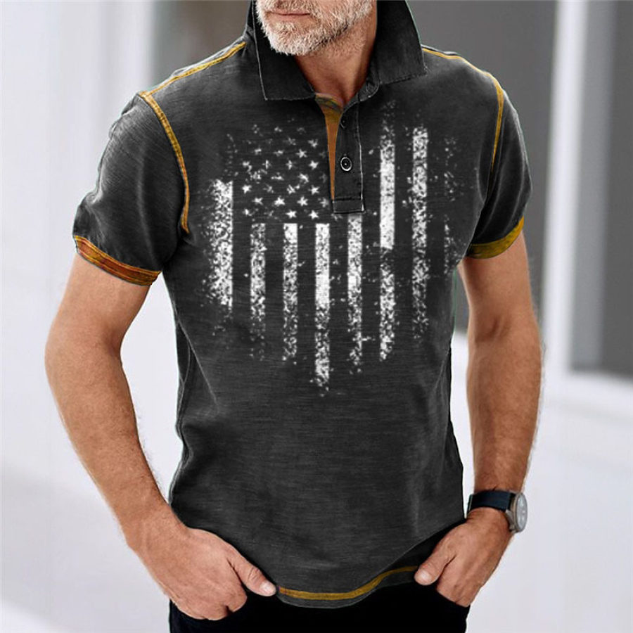 

Men's T-Shirt Polo Vintage American Flag Colorblock Outdoor Short Sleeve Summer Daily Tops Black